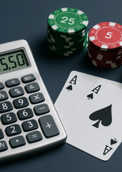 Pöydällä on harmaa laskin, vihreitä, punaisia ja sinisiä pelimerkkejä ja kaksi pelikorttia. Tausta on tumma.