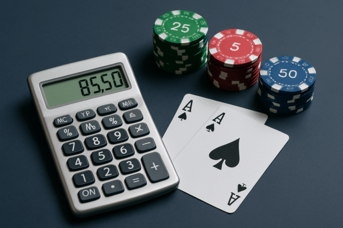 Pöydällä on harmaa laskin, vihreitä, punaisia ja sinisiä pelimerkkejä ja kaksi pelikorttia. Tausta on tumma.