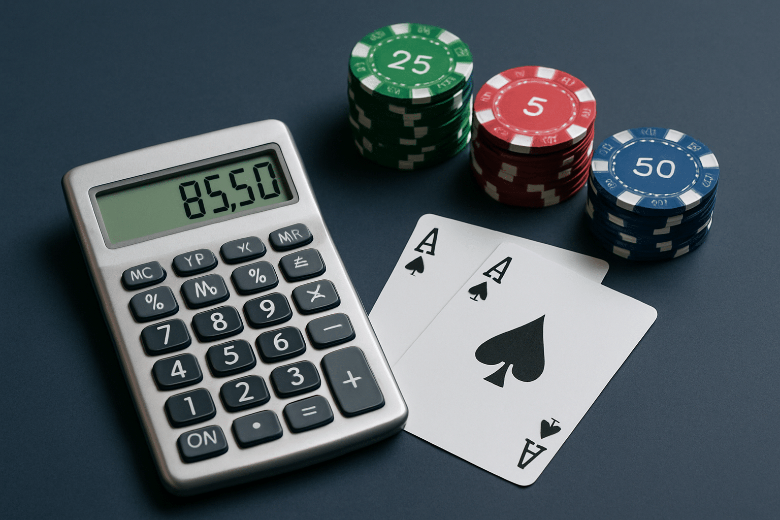 Pöydällä on harmaa laskin, vihreitä, punaisia ja sinisiä pelimerkkejä ja kaksi pelikorttia. Tausta on tumma.