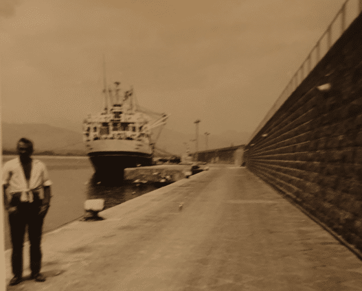 Mies seisoo valkoisessa paidassa ja tummissa housuissa kuvan etualalla. Taustalla näkyy laiva, joka on satamassa.