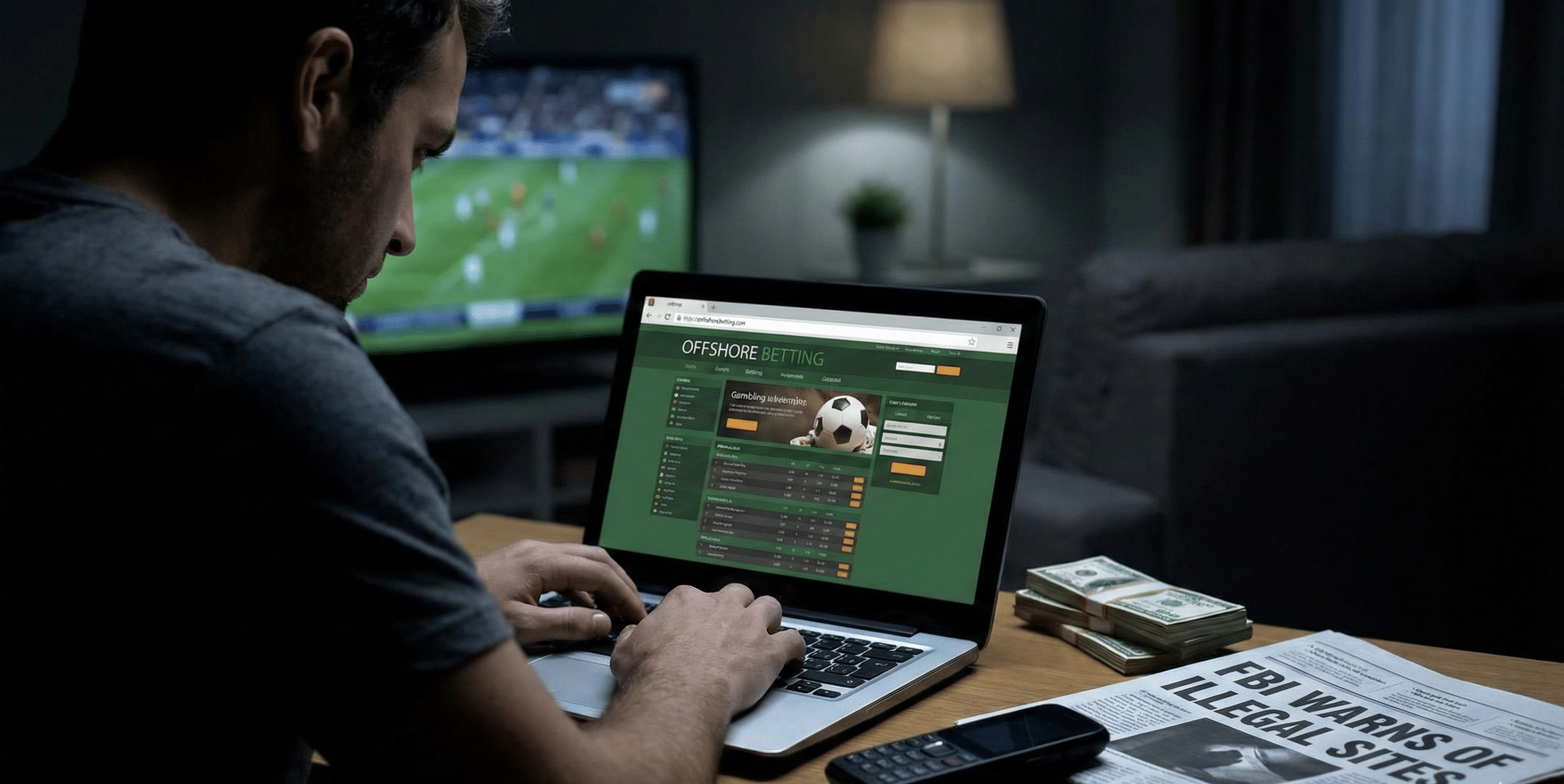 Mies pöydän äärellä lyömässä vetoa offshore-sivustolla. Pöydällä on sanomalehti, jossa on uutinen