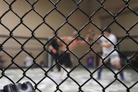 Vapaaotteluhäkin verkon takaa näkyy ottelijoita nyrkkeilemässä