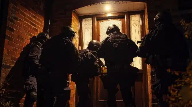 Poliisit iskemässä sisään asuntoon