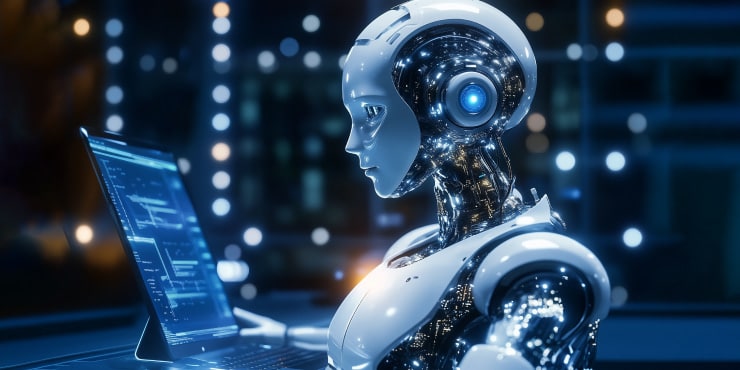 Tekoälyä kuvaava robotti pelaamassa tietokoneella