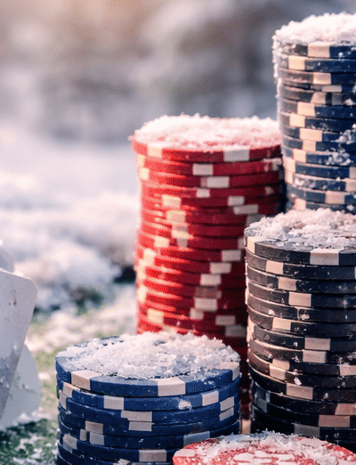 Pokerichippejä ja kortteja talvisessa maisemassa