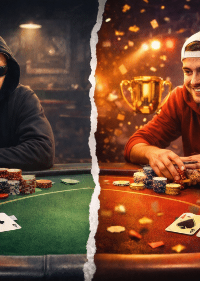 Kuvassa on kaksi pelaaja ja kaksi erilaista kuvaa. Toisessa kuvassa oikealla punaisessa hupparissa turnauspelaaja ja vasemalla mustassa hupparissa käteispelaaja.