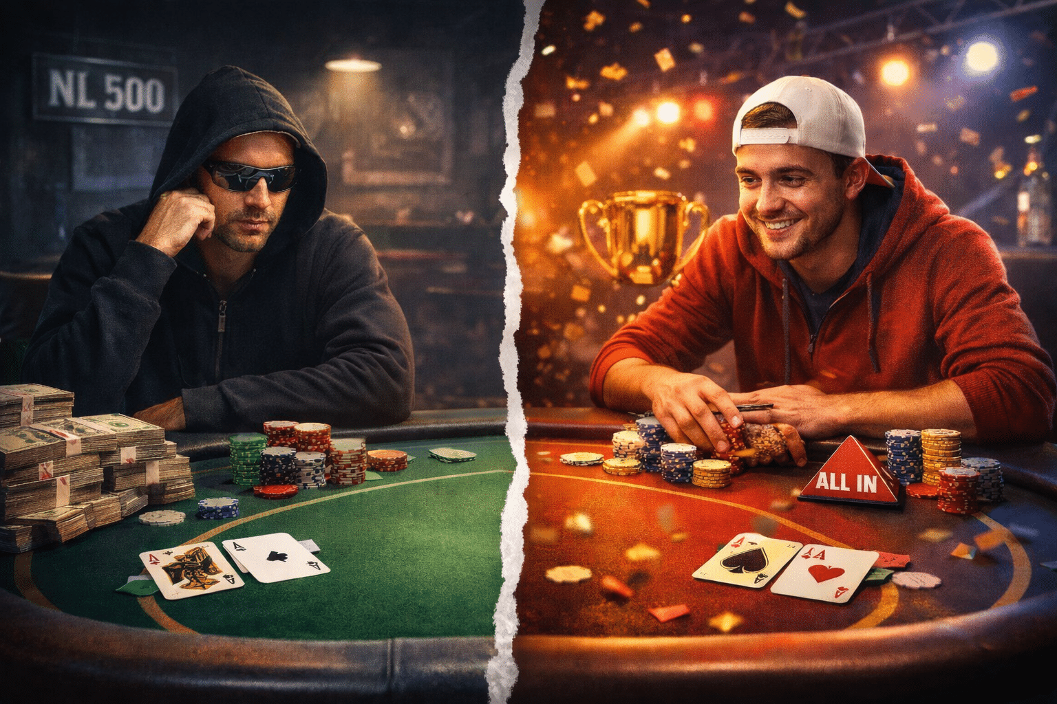 Kuvassa on kaksi pelaaja ja kaksi erilaista kuvaa. Toisessa kuvassa oikealla punaisessa hupparissa turnauspelaaja ja vasemalla mustassa hupparissa käteispelaaja.