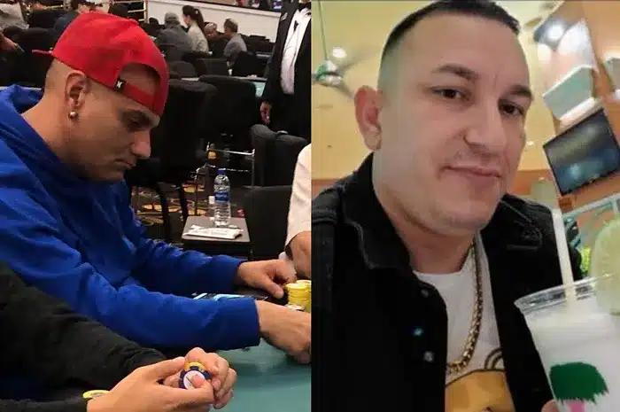 Puoliksi jaettu kuva, jossa on molemmilla puolilla yksi mies. Toisesta on kasvokuva, joisesta ylävartalo kuva, jossa hän istuu pokeripöydän ääressä.