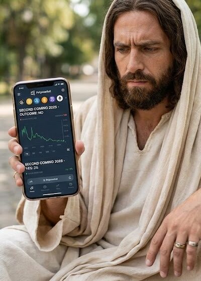Kuvassa Jeesus istuu puiston penkillä kädessään älypuhelin, jossa on ennustemarkkinadataa.