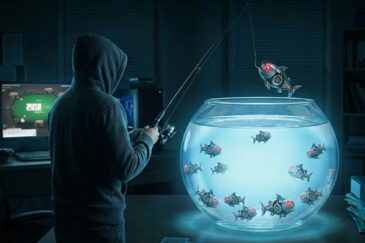 Tummasävyinen kuva, jossa mies tummassa hupparissa, huppu päässä onkii kaloja ongella kultakalamaljasta.