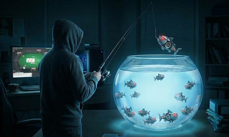 Tummasävyinen kuva, jossa mies tummassa hupparissa, huppu päässä onkii kaloja ongella kultakalamaljasta.