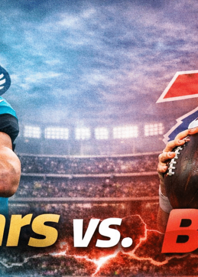 Jacsonville Jaguarsin pelaaja on vasemmalla ja oikealla Buffalo Billsin pelaaja. Takana näkyy amerikkalaisenjalkapallon stadion.