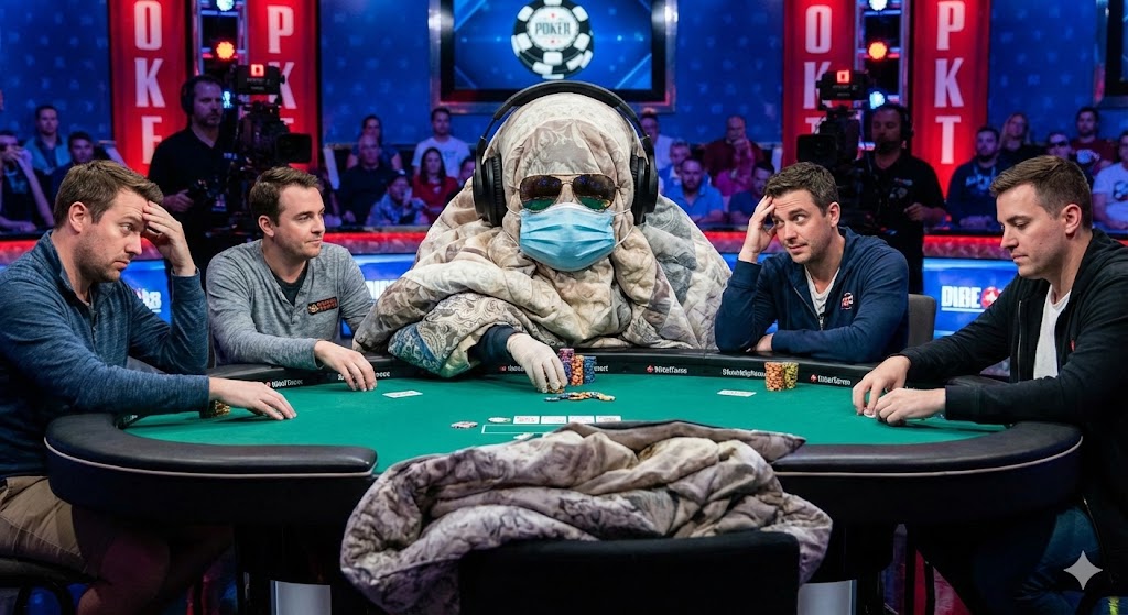 Kuvassa on pokeripöytä, jossa istuu keskellä peittoon kääriytynyt ihminen, jolla on aurinkolasit ja kasvomaski.