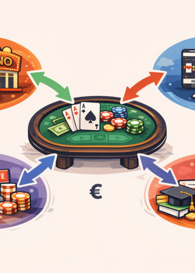 Kuva kuvastaa, miten pokerissa raha liikkuu pelipöydästä pois virraten myös muihin paikkoihin kun vain itse pelipöytää.