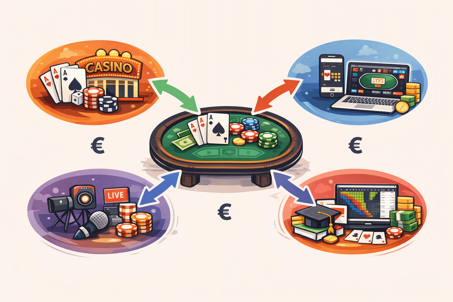 Kuva kuvastaa, miten pokerissa raha liikkuu pelipöydästä pois virraten myös muihin paikkoihin kun vain itse pelipöytää.