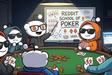 Vaaleat reddit-hahmot istuvat vihreän pokeripöydän äärellä ja pelaavat pokeria.