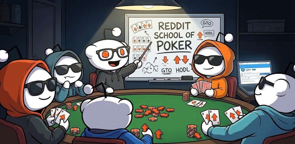 Vaaleat reddit-hahmot istuvat vihreän pokeripöydän äärellä ja pelaavat pokeria.