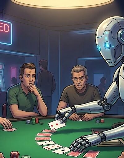 Harmaa robotti jakamassa kortteja pokeripöydässä.