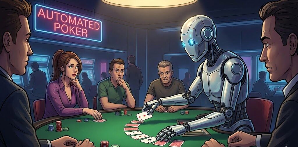 Harmaa robotti jakamassa kortteja pokeripöydässä.