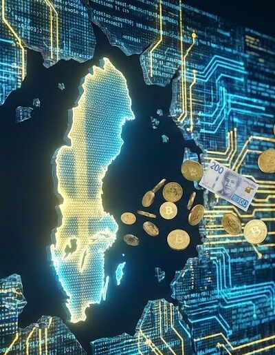 Kuvassa on digitaalinen Ruotsin kartta, josta lentää ulos seteleitä.