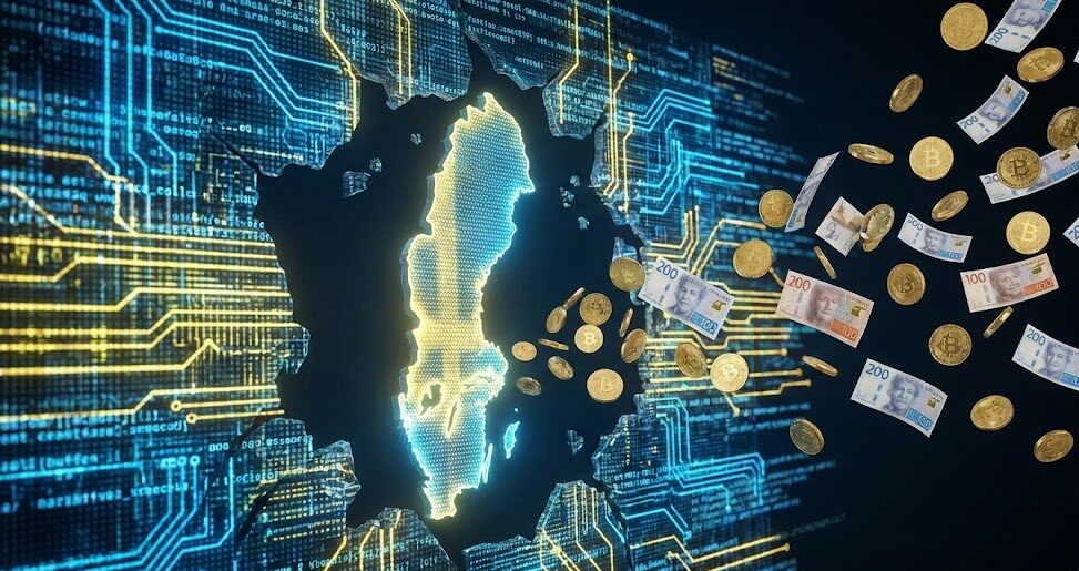 Kuvassa on digitaalinen Ruotsin kartta, josta lentää ulos seteleitä.