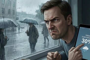 Vihainen mies katsoo ulos ikkunasta vesisadetta. Kädessään hänellä on tabletti, jossa on sääennuste