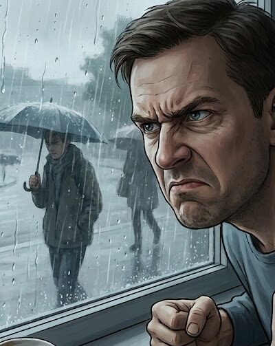 Vihainen mies katsoo ulos ikkunasta vesisadetta. Kädessään hänellä on tabletti, jossa on sääennuste