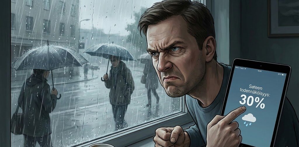Vihainen mies katsoo ulos ikkunasta vesisadetta. Kädessään hänellä on tabletti, jossa on sääennuste