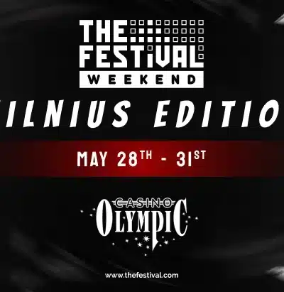 Kuvassa on tumma tausta, jossa lentelee kortteja. Keskellä alhaalla on Olympic Casinon logo ja Ylempänä Festival Series logo.