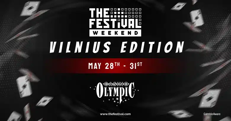 Kuvassa on tumma tausta, jossa lentelee kortteja. Keskellä alhaalla on Olympic Casinon logo ja Ylempänä Festival Series logo.