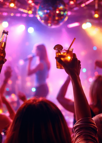 Karaokejuhlat, joissa yksi on lavalla laulamassa ja yleisö on villinä värivaloissa