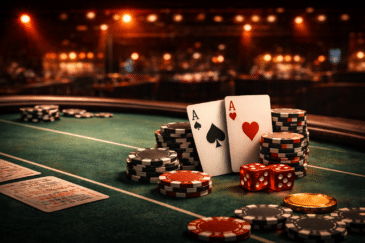 Vihreällä pelipöydällä on pokerimerkkejä ja pelikortteja. Taustalla näkyy useita valoja.