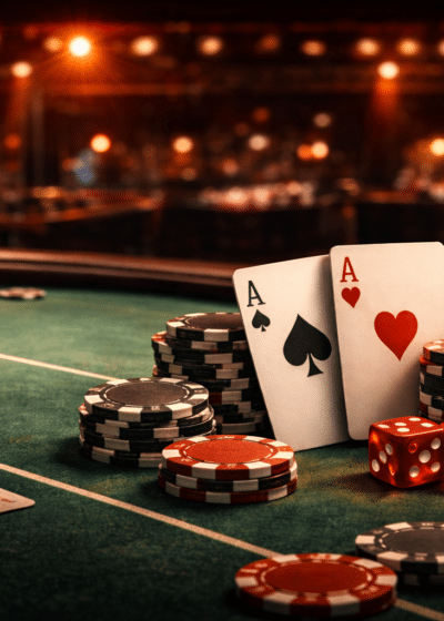 Vihreällä pelipöydällä on pokerimerkkejä ja pelikortteja. Taustalla näkyy useita valoja.