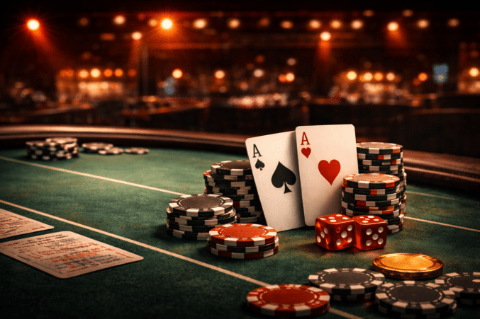 Vihreällä pelipöydällä on pokerimerkkejä ja pelikortteja. Taustalla näkyy useita valoja.