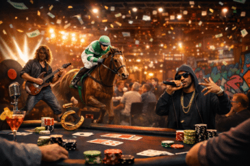 Edessä on pokeripöytä. Pöydällä on pelimerkkejä ja kortteja sekä drinkkejä. Pöydän takana on hevonen, räppäri ja rokkari.