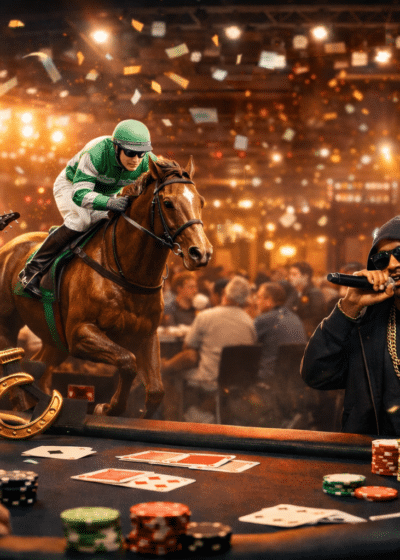 Edessä on pokeripöytä. Pöydällä on pelimerkkejä ja kortteja sekä drinkkejä. Pöydän takana on hevonen, räppäri ja rokkari.