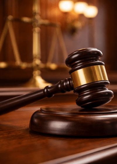 Oikeussalin pöydällä tuomarin nuija