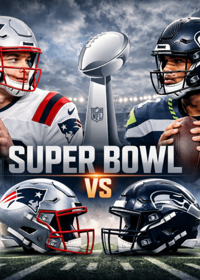 Vasemmalla on valkopaitainen amerikkalaisenjalkapallon pelaaja. Oikealla puolella on sinipaitainen pelaaja. Edessä on kaksi kypärää.