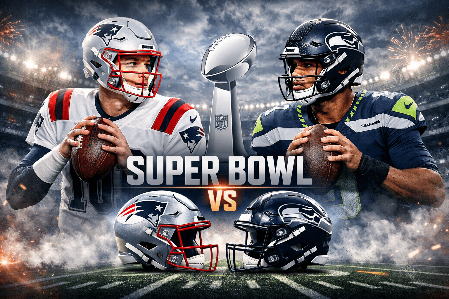 Vasemmalla on valkopaitainen amerikkalaisenjalkapallon pelaaja. Oikealla puolella on sinipaitainen pelaaja. Edessä on kaksi kypärää.