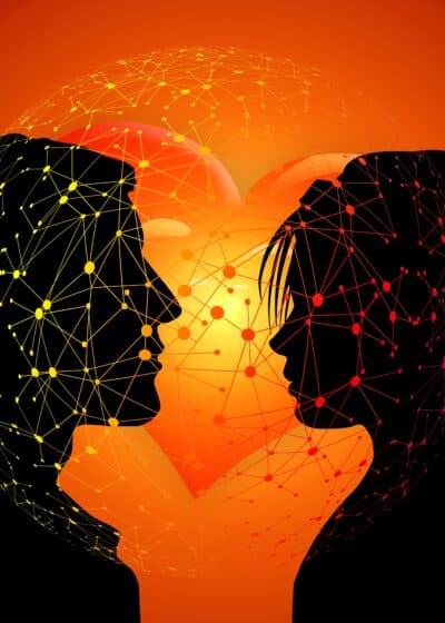 Kuvassa kaksi mustaa hahmoa, joita ympyröi sydän punertavalla taustalla.