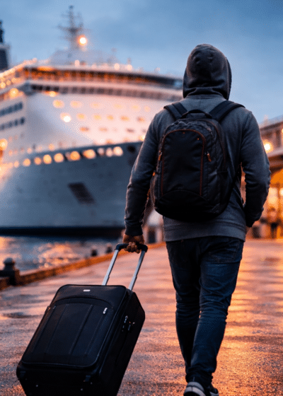 Kuvassa mies harmaassa hupparissa vetää matkalaukkua. Taustalla näkyy merta ja risteilyalus.