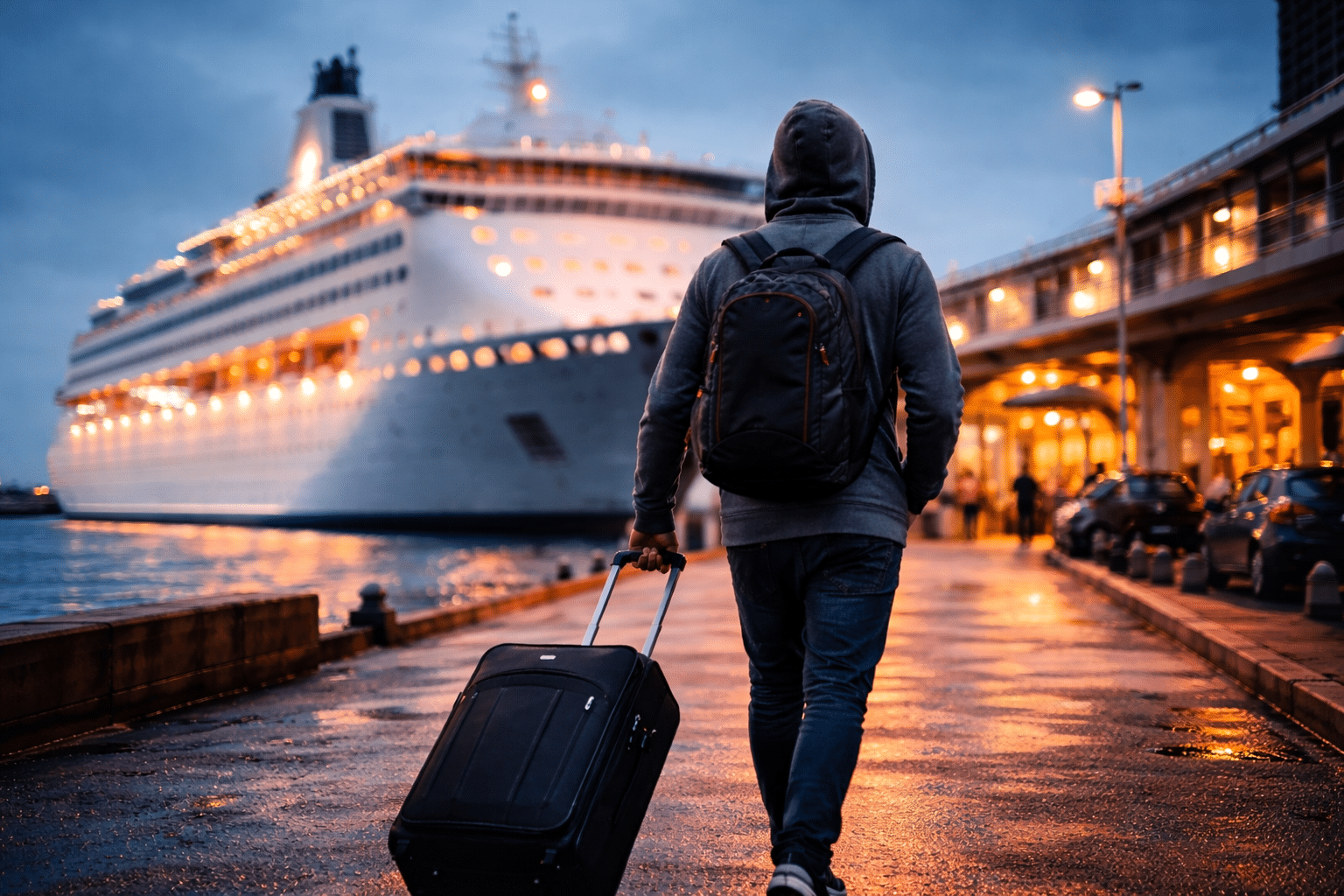 Kuvassa mies harmaassa hupparissa vetää matkalaukkua. Taustalla näkyy merta ja risteilyalus.