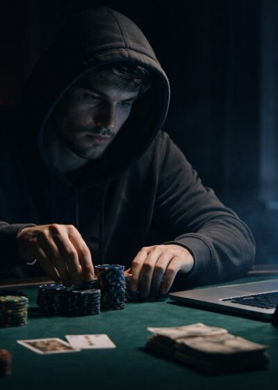 Mies istuu mustassa hupparissa pöydän ääressä. Pöytä on vihreä ja siinä on pelimerkkejä ja kannettava tietokone.