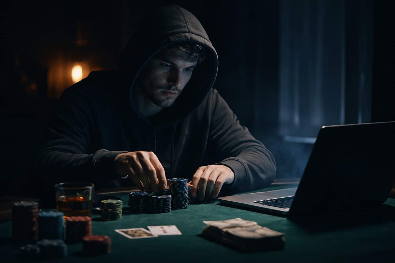 Mies istuu mustassa hupparissa pöydän ääressä. Pöytä on vihreä ja siinä on pelimerkkejä ja kannettava tietokone.