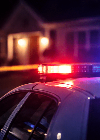 Murhapaikalla poliisiauto keltaisen nauhan takana