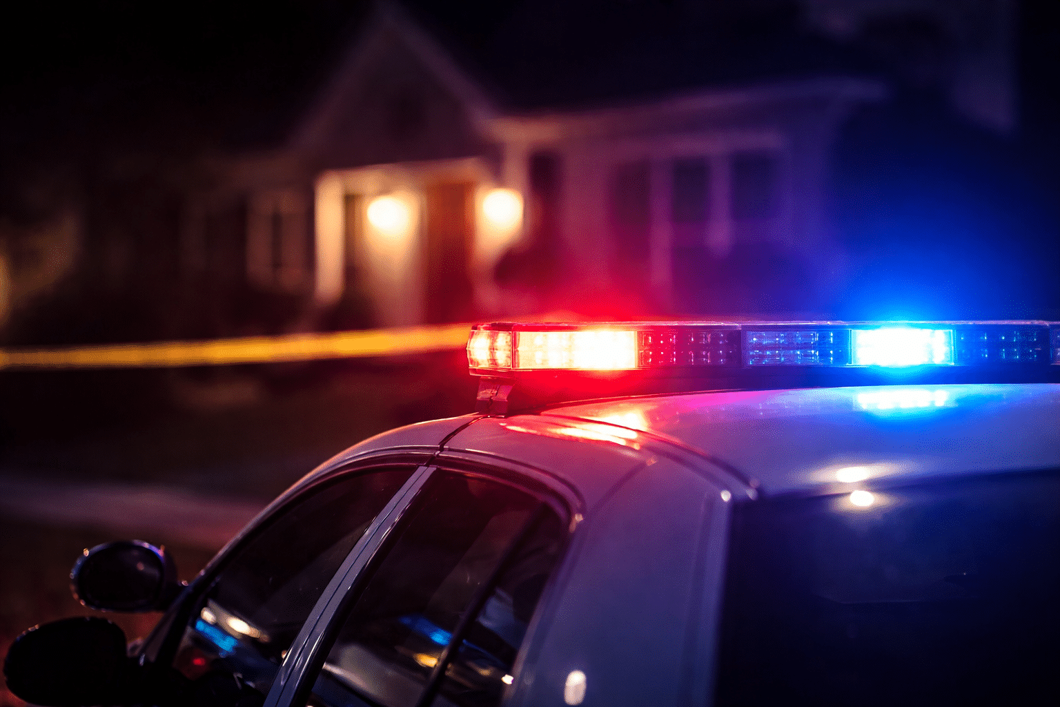 Murhapaikalla poliisiauto keltaisen nauhan takana