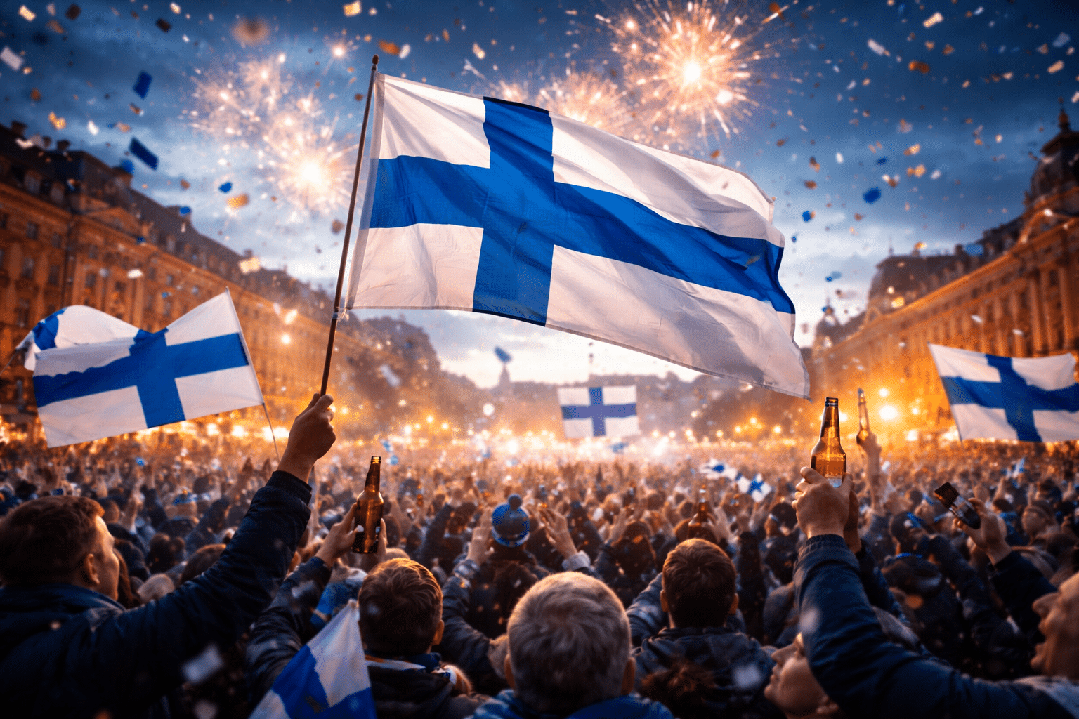 Suomi senaatintori Suomen lippuja liehumassa