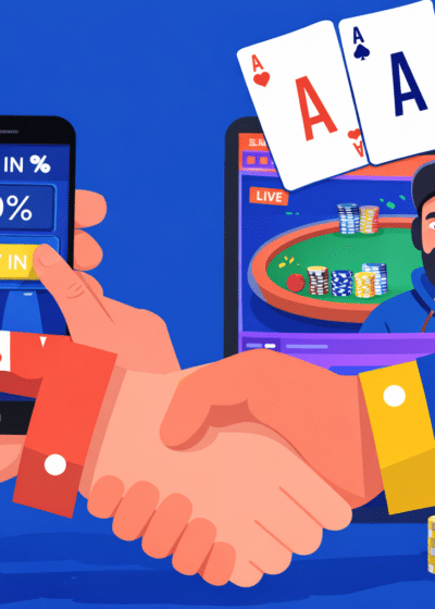 Kuvassa on sininen tausta, neljä ässää ja kädet kättelevät sopimuksen merkiksi. Ruudulla näkyy pokeripelipöytä vihreällä taustalla.