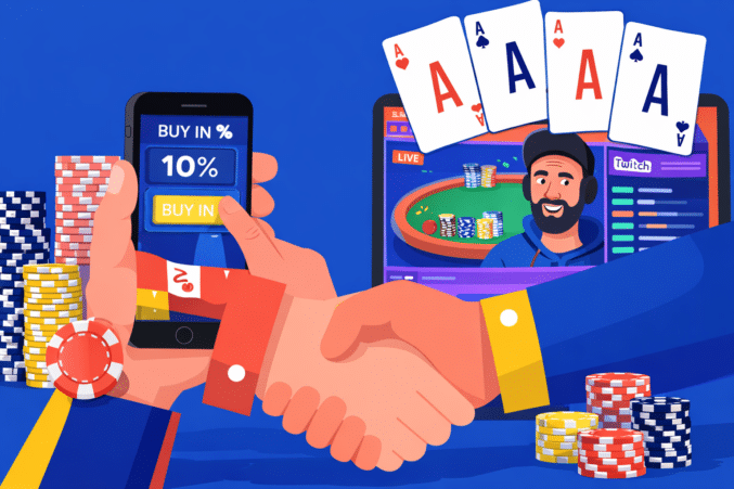 Kuvassa on sininen tausta, neljä ässää ja kädet kättelevät sopimuksen merkiksi. Ruudulla näkyy pokeripelipöytä vihreällä taustalla.