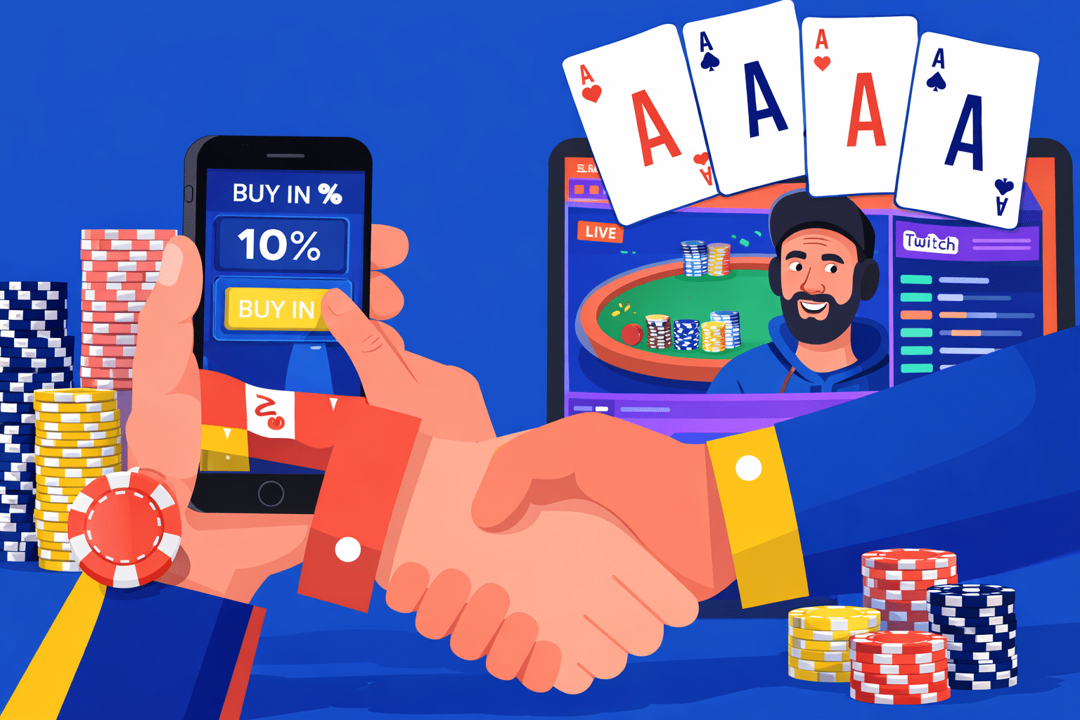 Kuvassa on sininen tausta, neljä ässää ja kädet kättelevät sopimuksen merkiksi. Ruudulla näkyy pokeripelipöytä vihreällä taustalla.